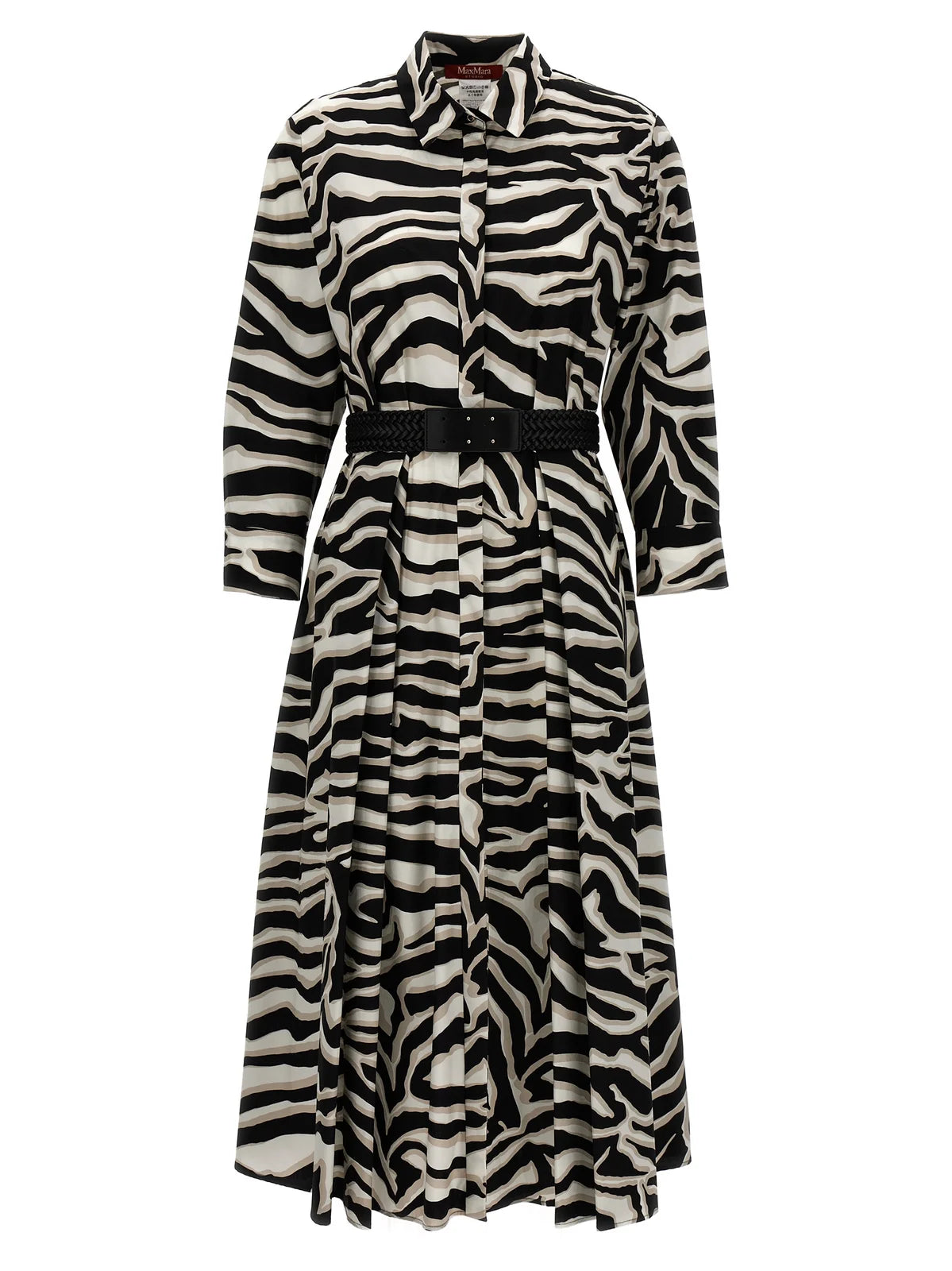A Max Mara Studio Arabba Dress featuring a zebra print, with a classic collar, long sleeves, and a belted waist.