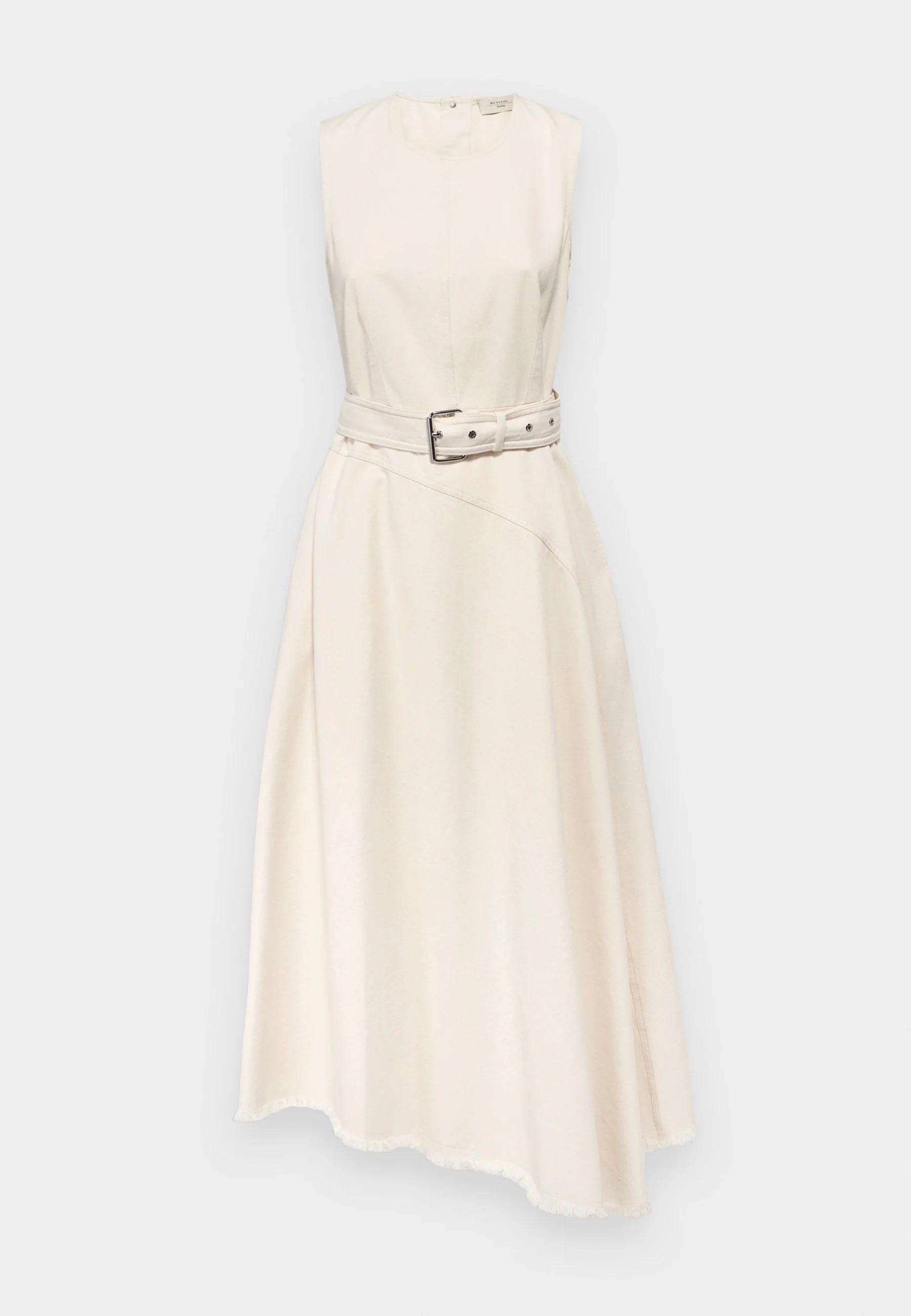 sleeveless midi dress with a round neckline, belted waist, and side pockets.