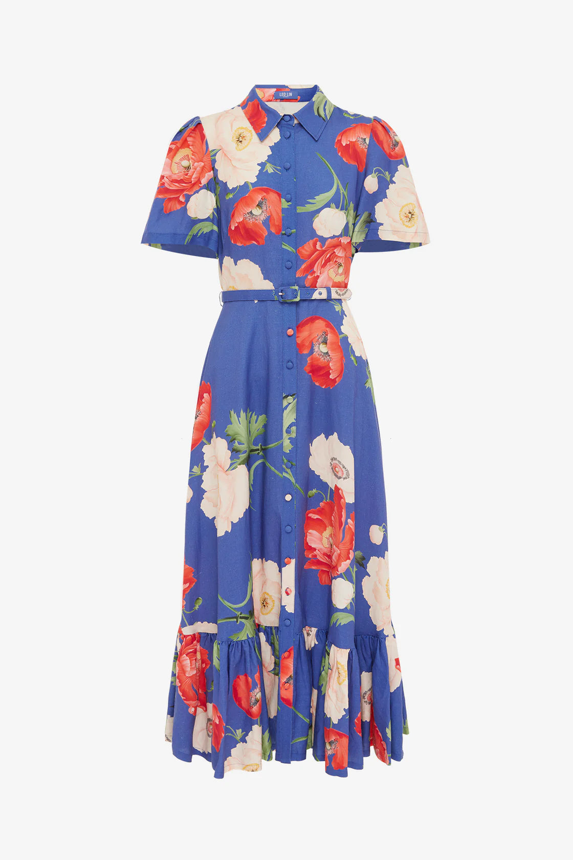 Blue floral dress with red and white flowers on a white background