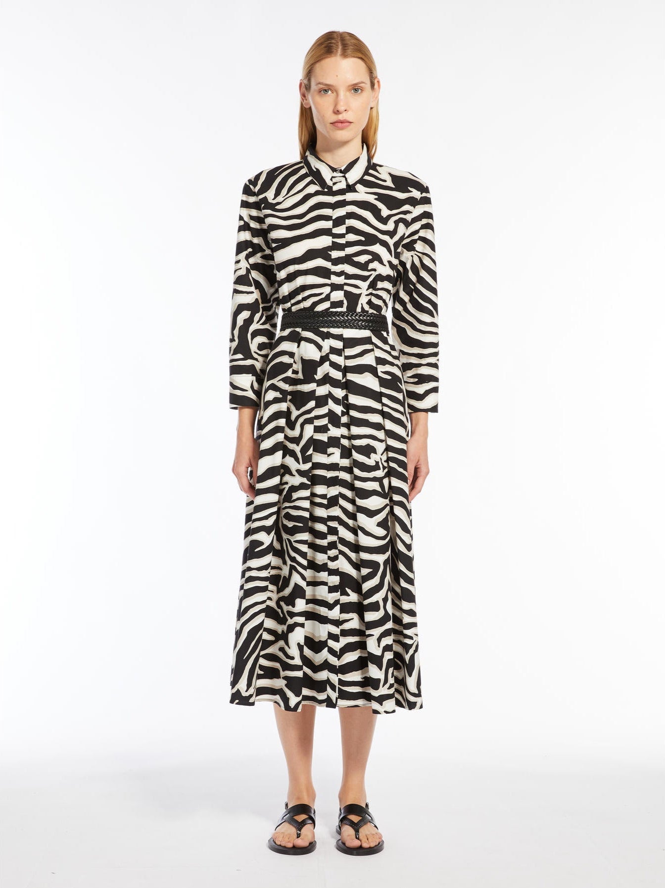 A model wearing a long sleeve, button-up, zebra print dress with a classic collar and belted waist.