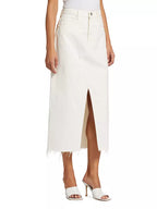 A midi-length denim skirt with a shin-grazing hem and angled seam detail, in a raw ecru color.