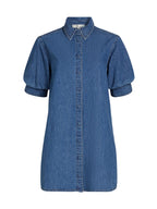 Blue denim dress on a white background. frame Antonia play denim dress