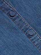 Close-up of blue denim fabric with stitching details