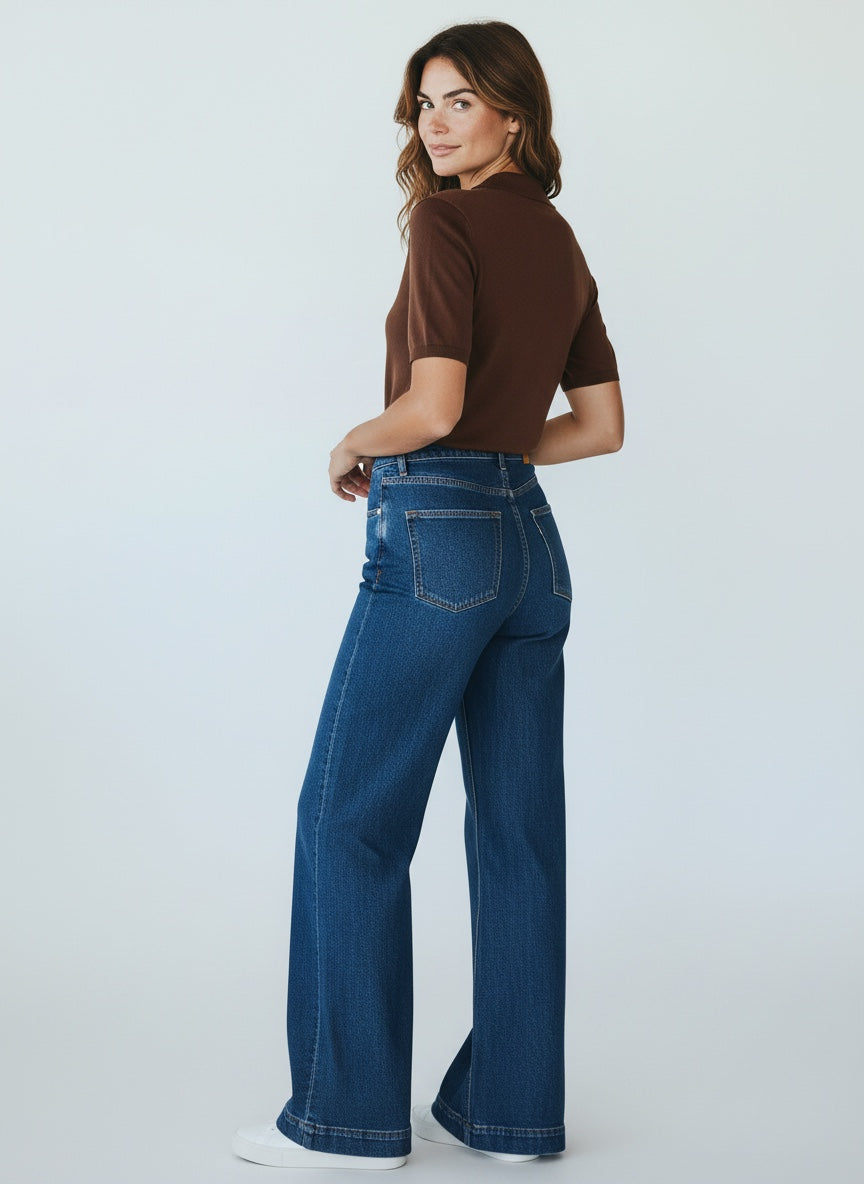 Woman wearing blue jeans and a brown top on a white background