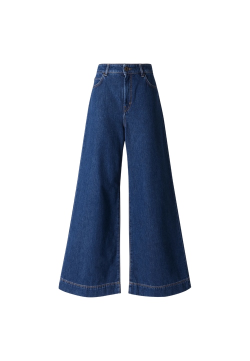 Blue wide-leg jeans on a white background
