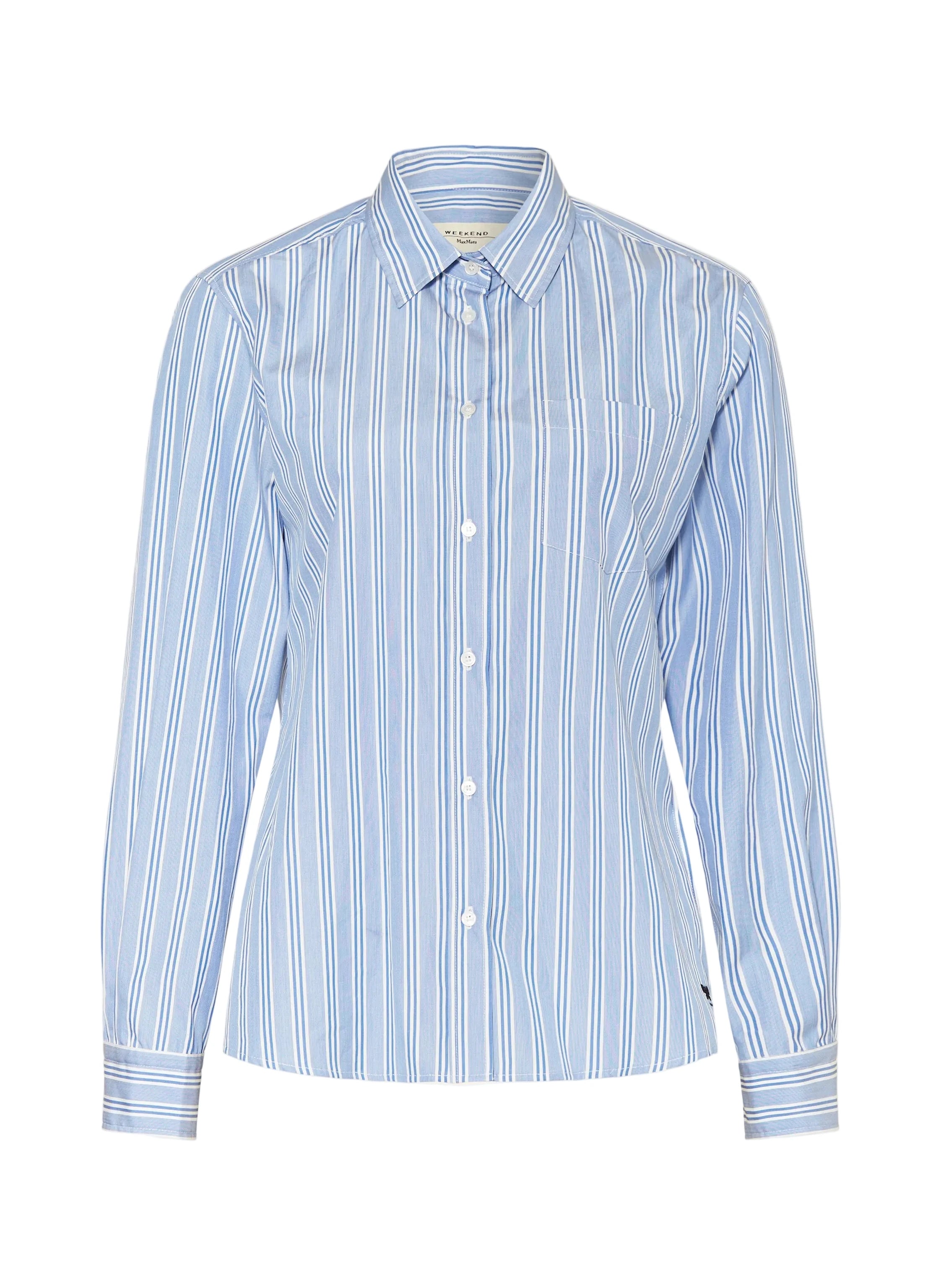 Blue and white striped shirt on a light gray background.weekend Max Mara Bahamas shirt