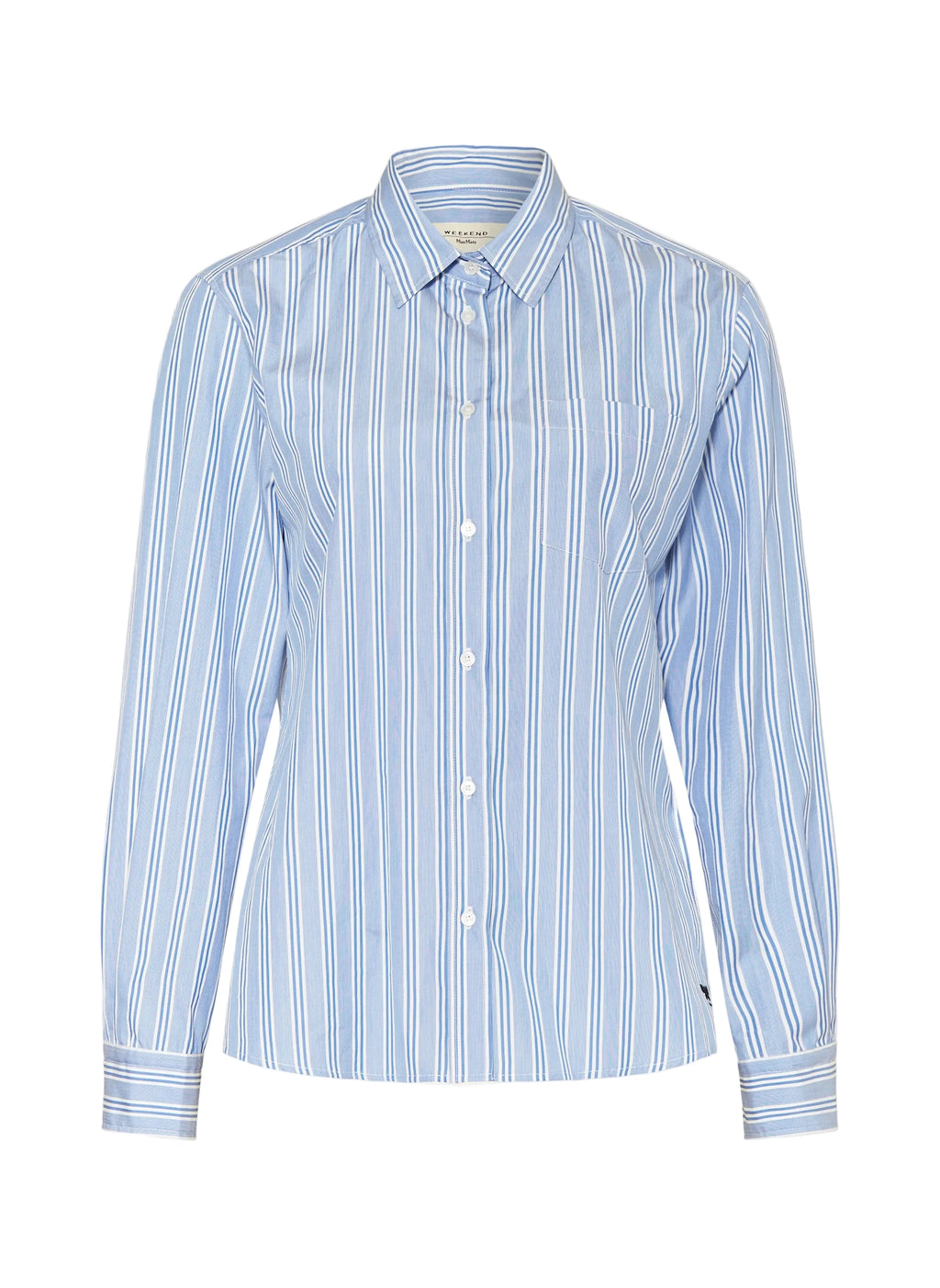 Blue and white striped shirt on a light gray background.weekend Max Mara Bahamas shirt
