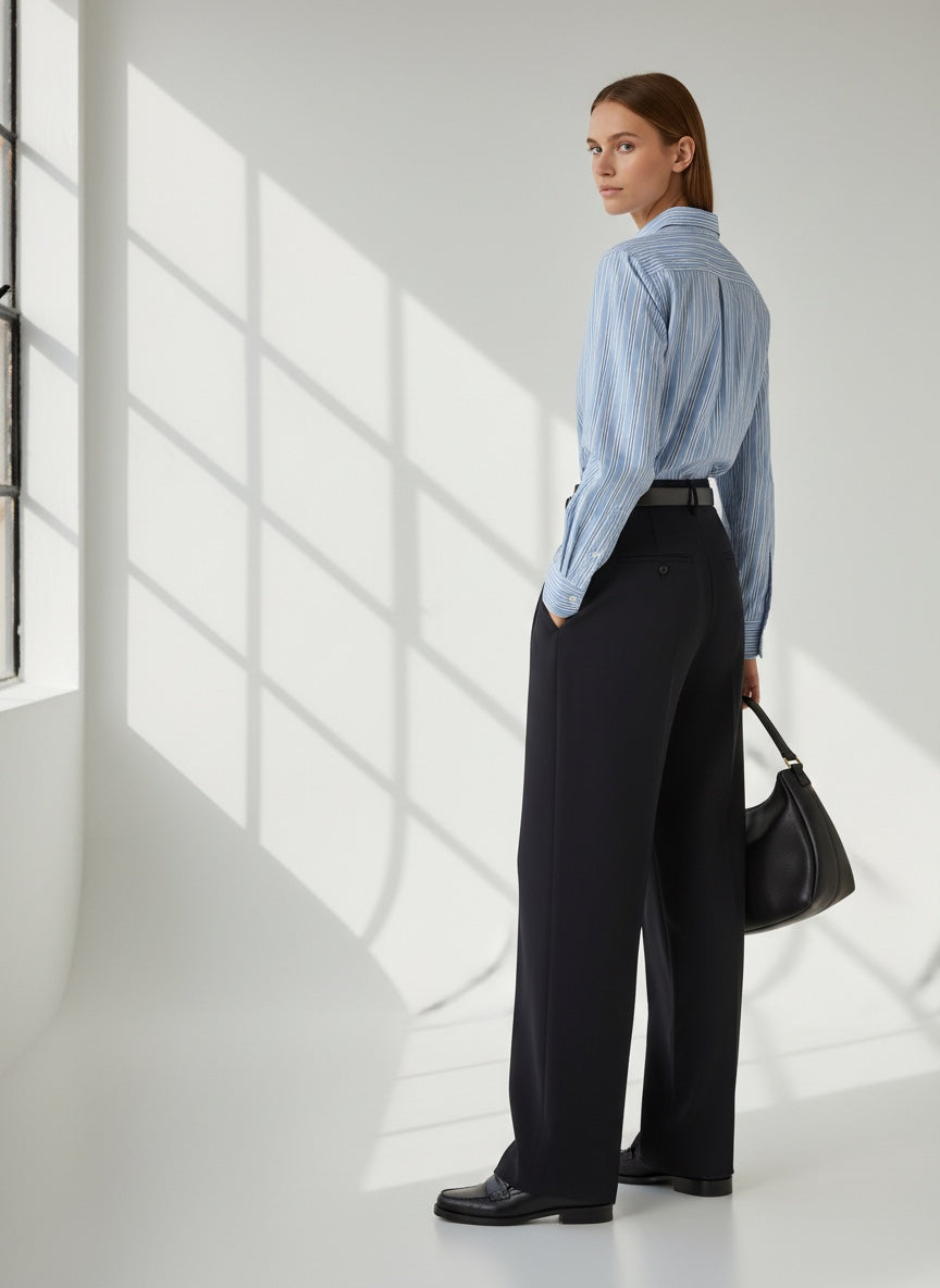 Woman in a light blue striped shirt and dark pants standing in a bright room with large windows.