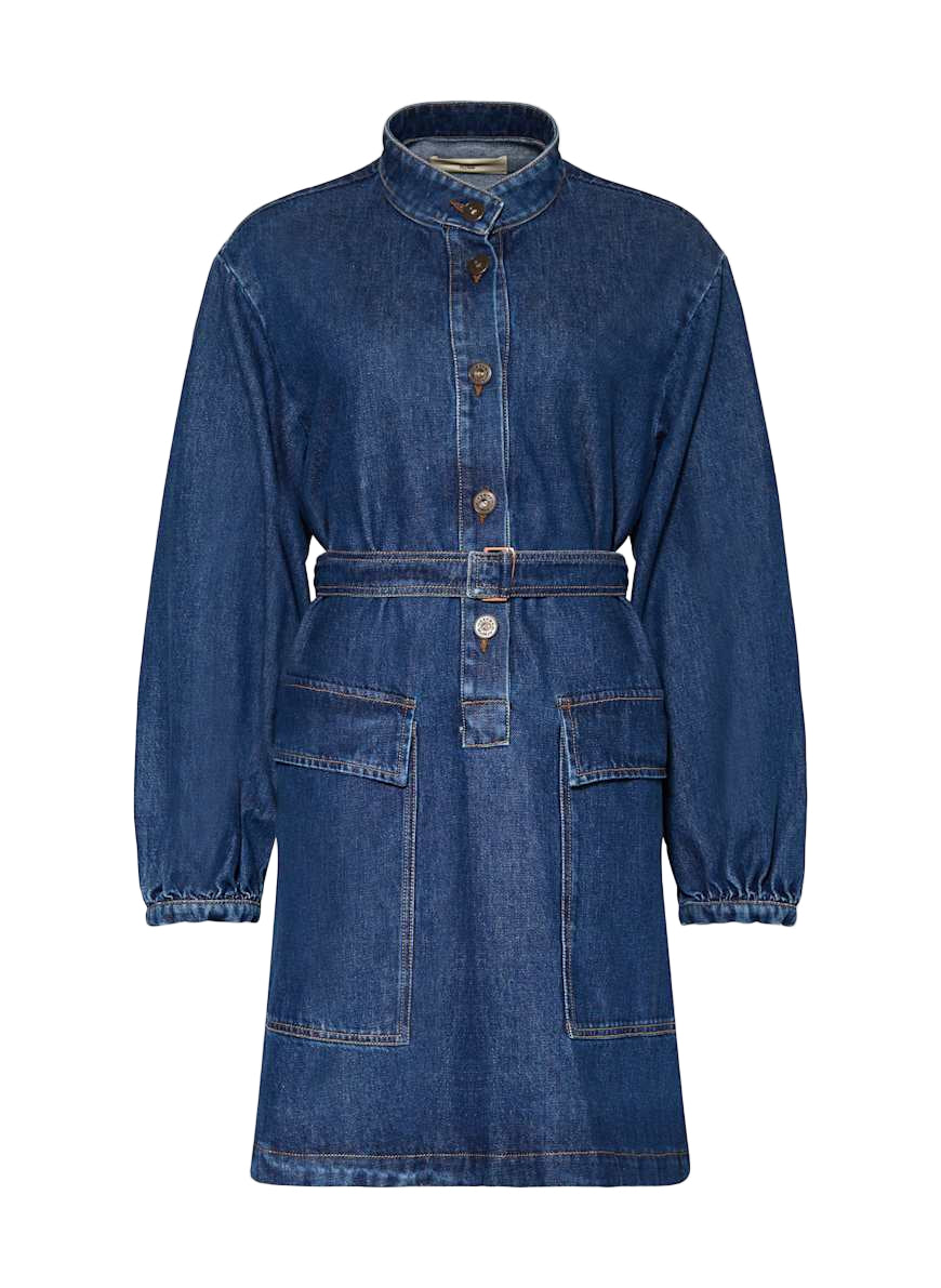 Blue denim dress with a white background
