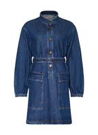 Blue denim dress with a white background
