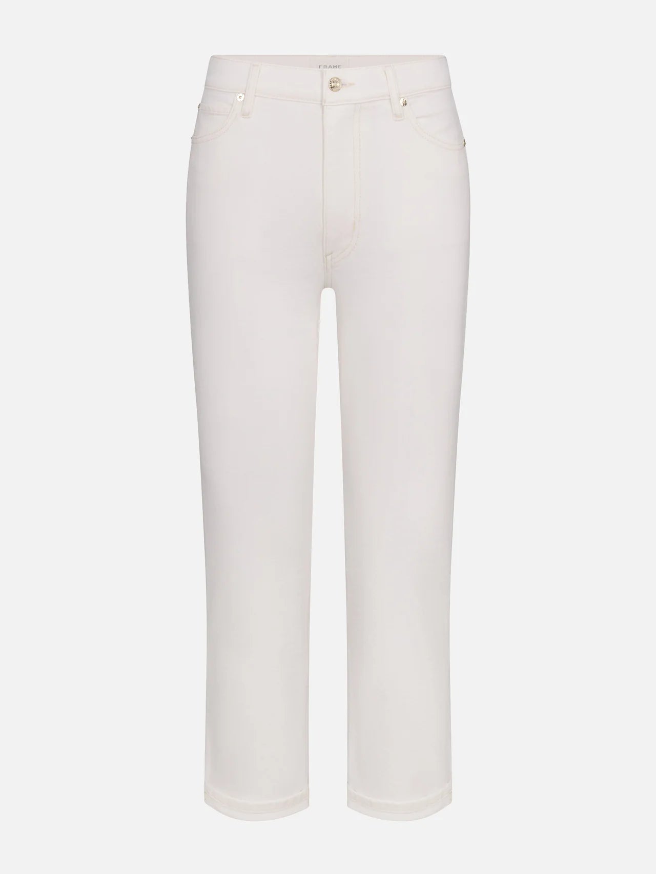 a pair of FRAME white  denim jean in front of a white background 