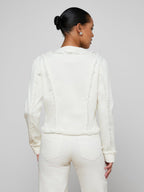 Person wearing a white textured jacket and pants on a plain background