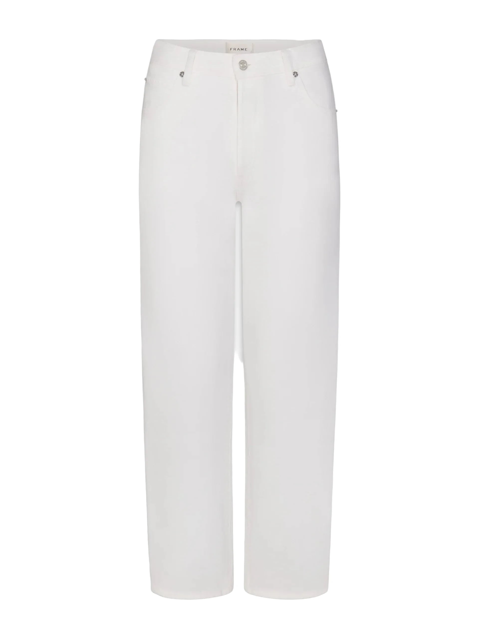 White cropped wide-leg jeans with a straight, relaxed fit, shown flat against a light gray background.