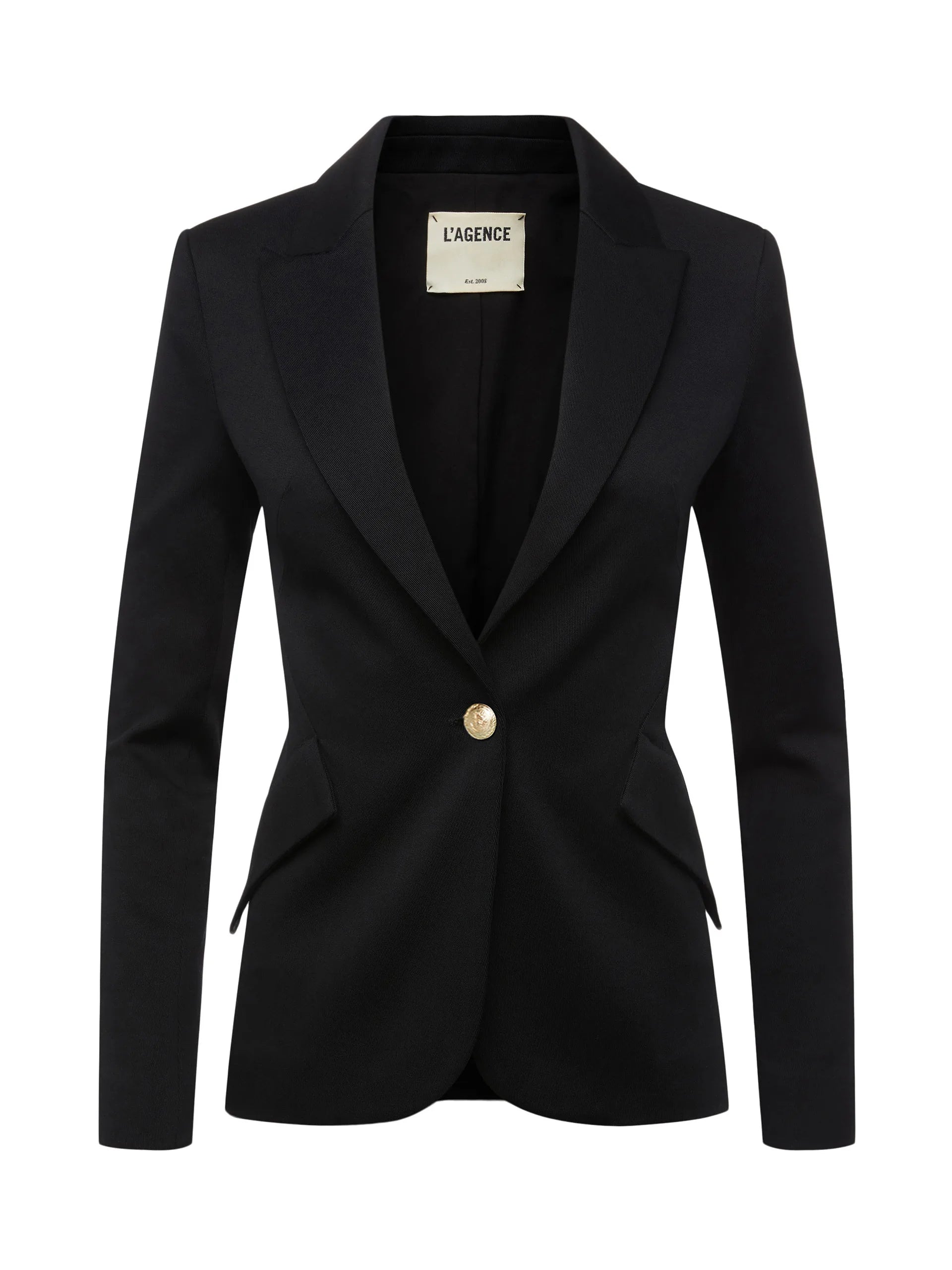 Black blazer with a gold button on a white background
