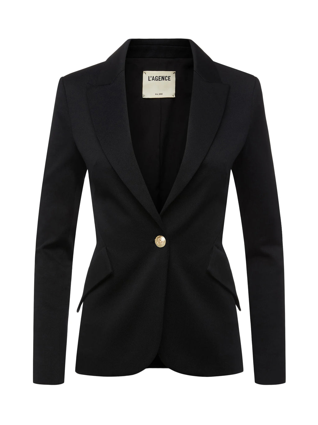 Black blazer with a gold button on a white background