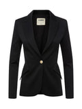 Black blazer with a gold button on a white background