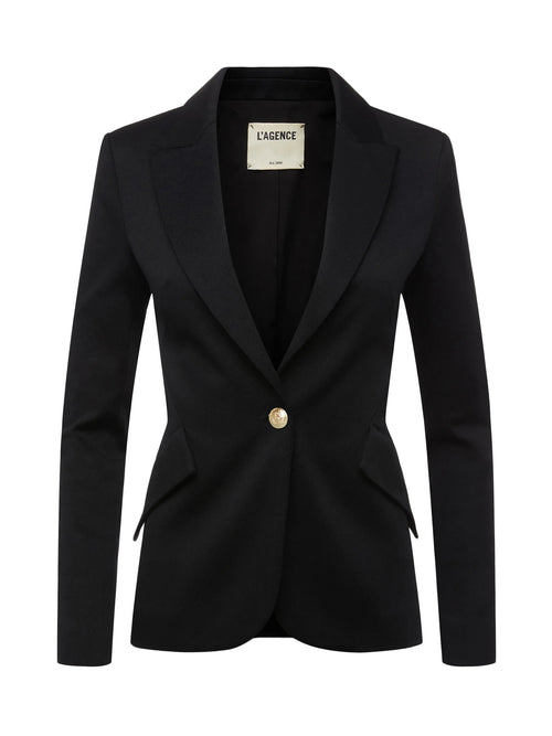 Black blazer with a gold button on a white background