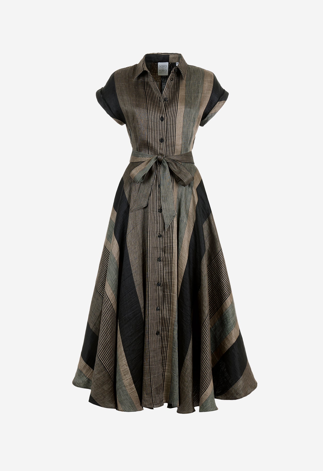 SARA ROKA Plaid LINEN dress with a belt on a white background SHOP ONLINE
