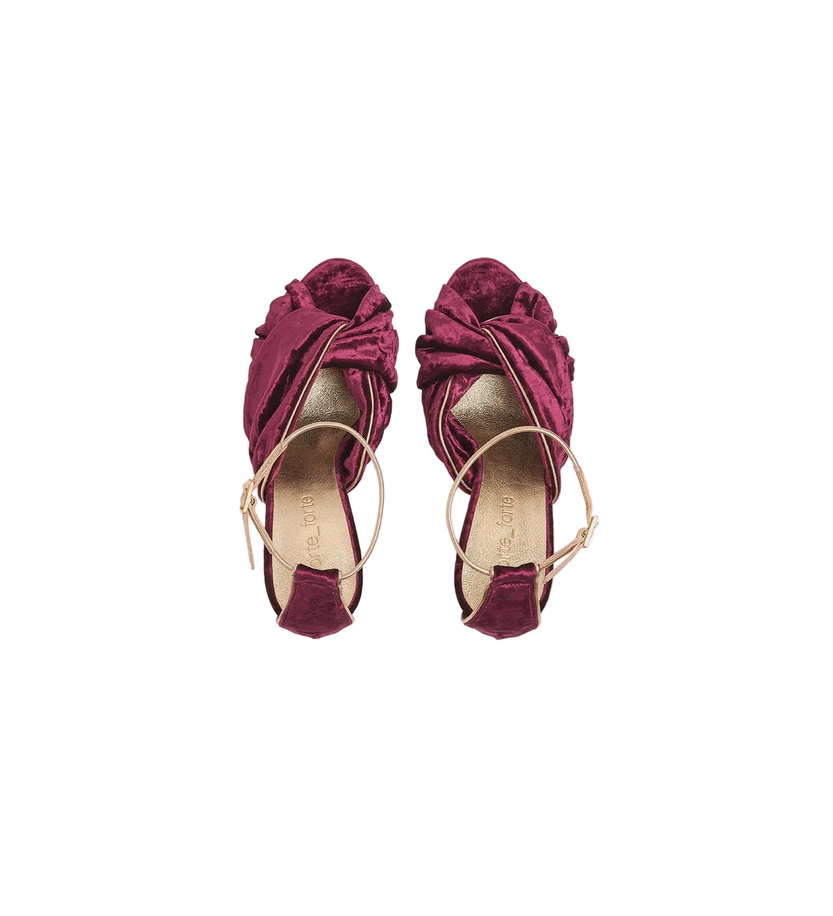 A pair of women's velvet sandals in a deep burgundy/magenta color, featuring a knotted criss-cross strap design and thin tan ankle straps, shown from a top-down view on a light gray background.