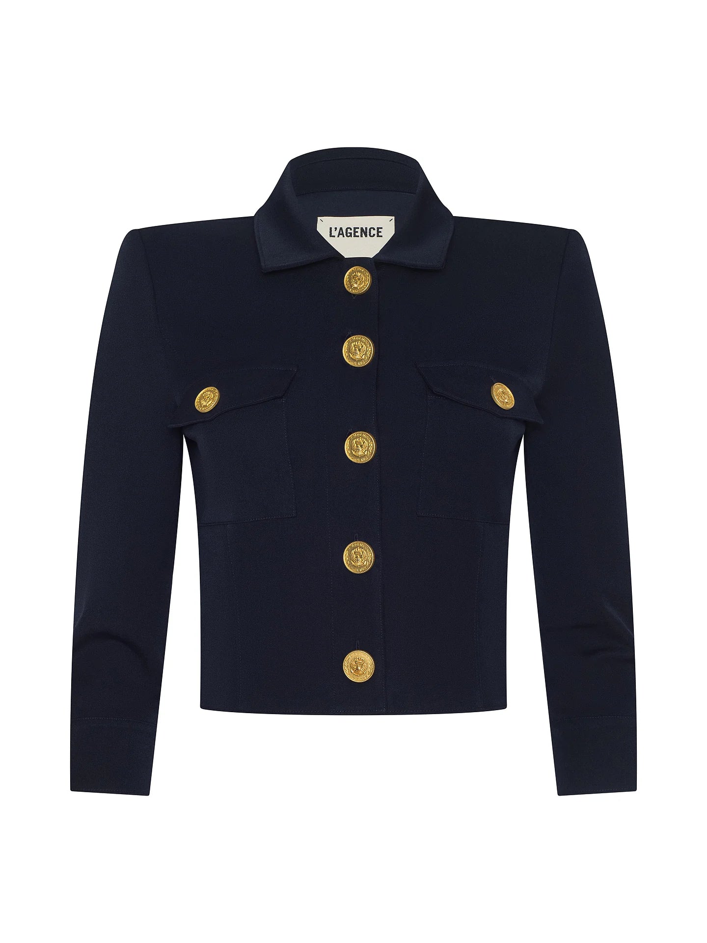 L'Agence Navy blue jacket with gold buttons on a white background