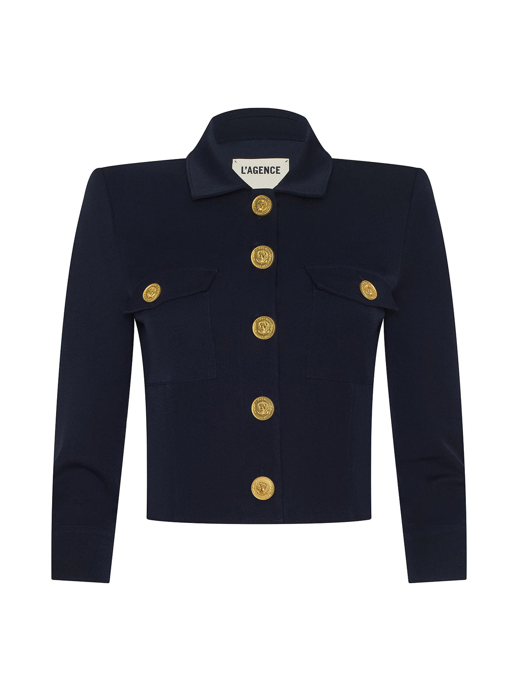 L'Agence Navy blue jacket with gold buttons on a white background