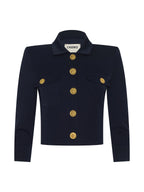 L'Agence Navy blue jacket with gold buttons on a white background