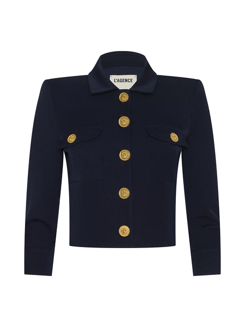 L'Agence Navy blue jacket with gold buttons on a white background