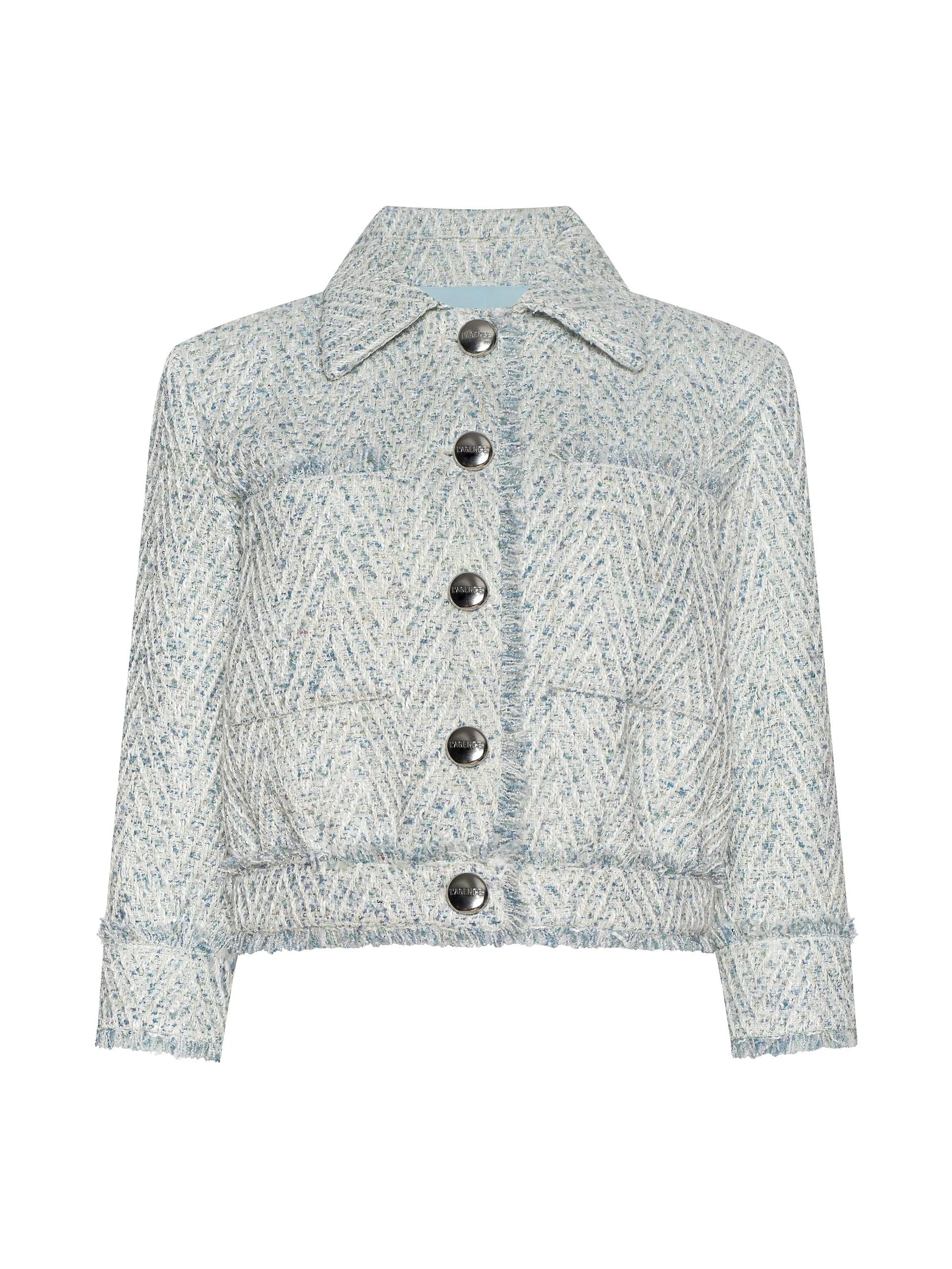 Light blue patterned jacket with buttons on a white background, Jia l'agence tweed jacket