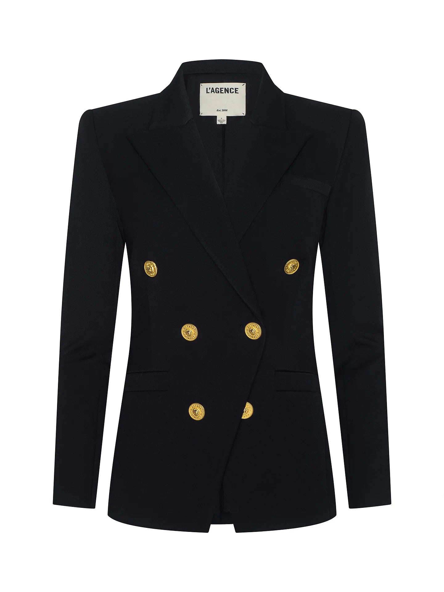 l'agence Black blazer with gold buttons on a white background