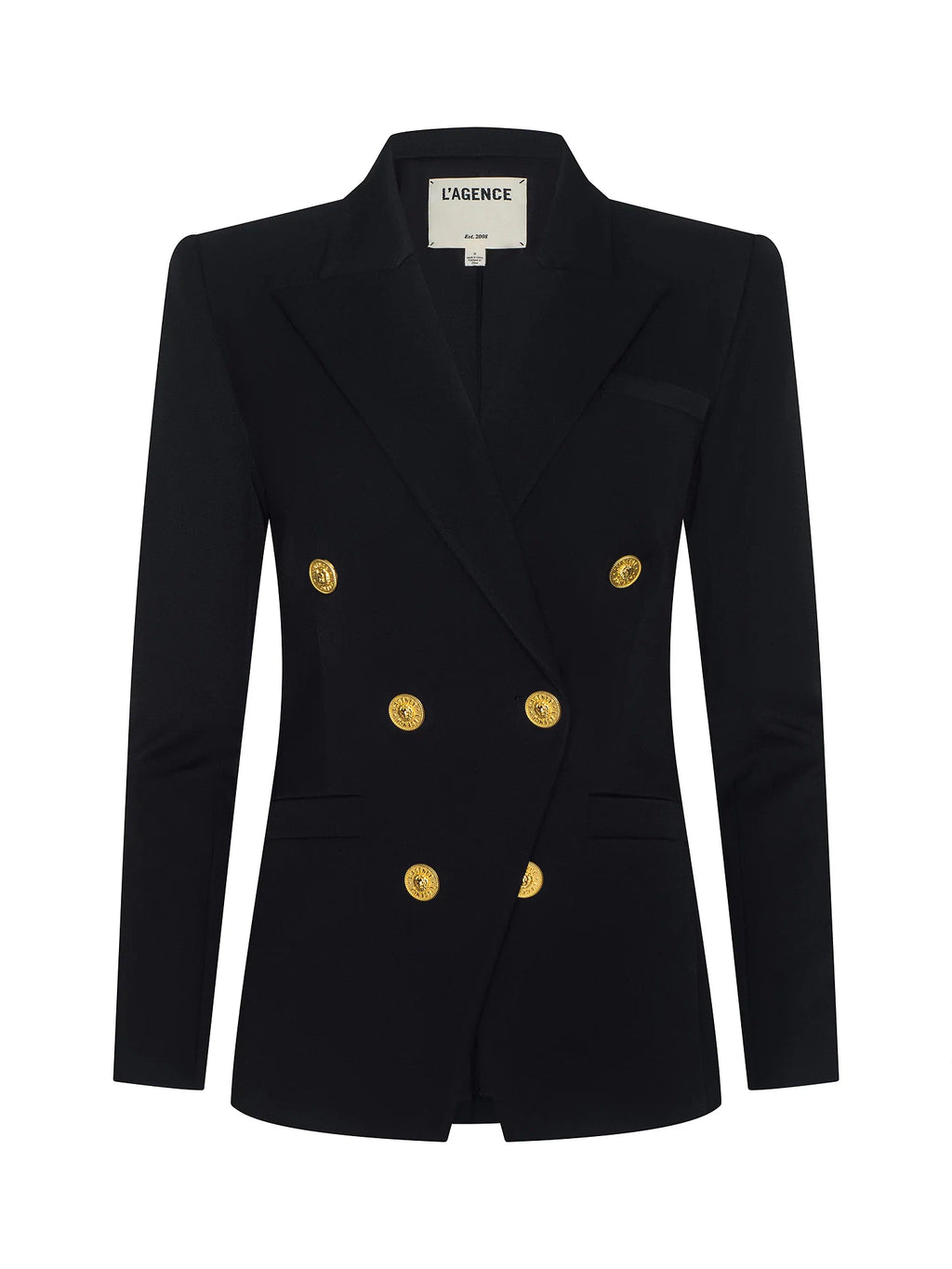 l'agence Black blazer with gold buttons on a white background