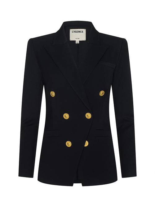 l'agence Black blazer with gold buttons on a white background