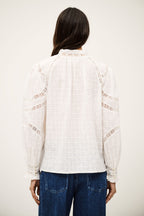 Person wearing a white lace blouse and blue jeans on a plain background