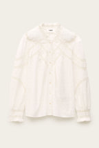White blouse with lace details on a light gray background