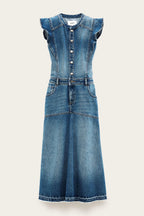 Blue denim dress with button details on a light gray background
