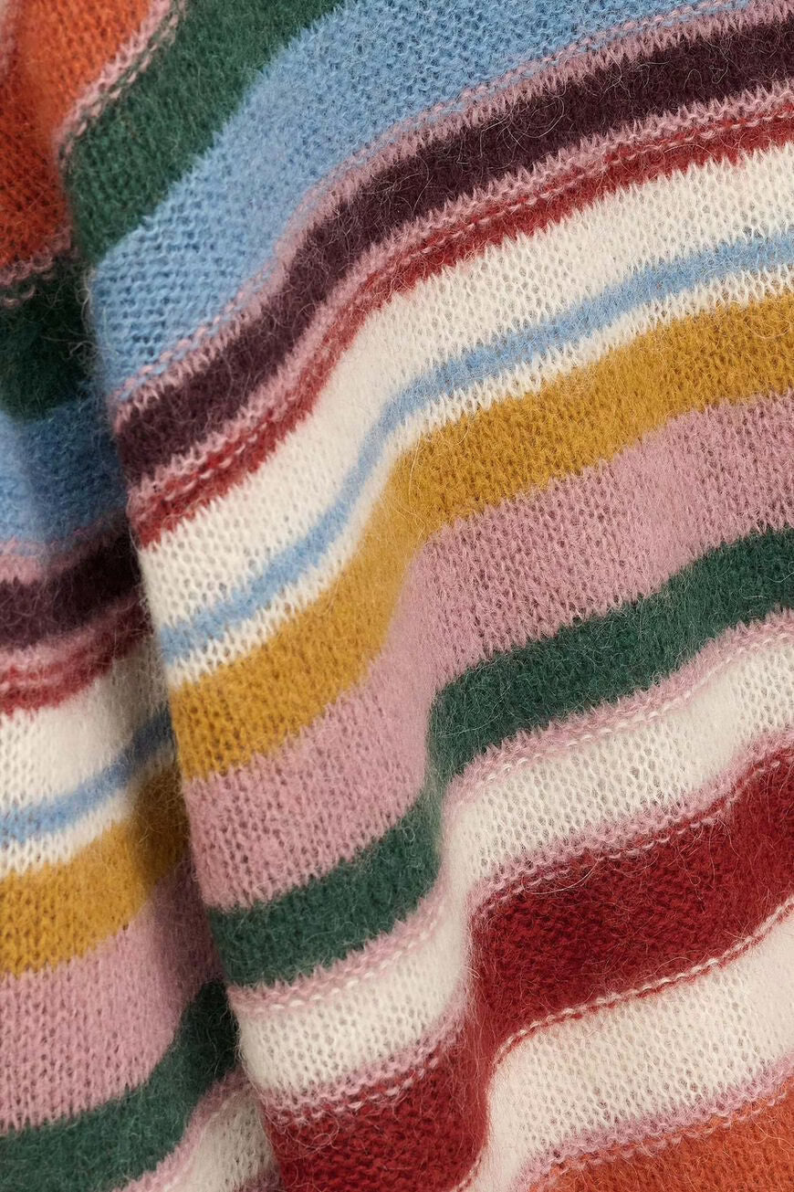 Close-up of a multicolored striped fabric with red, green, blue, and yellow patterns.