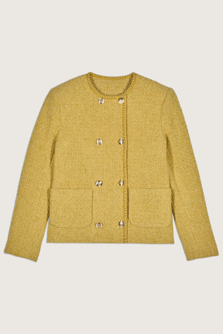 A yellow double-breasted tweed jacket with round neckline and long sleeves, featuring golden buttons and a trim on the collar and button placket.