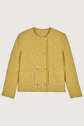 A yellow double-breasted tweed jacket with round neckline and long sleeves, featuring golden buttons and a trim on the collar and button placket.