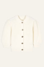 Cream-colored ribbed knit cardigan with buttons on a white background