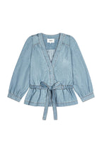 Light blue denim jacket with a tie waist on a white background