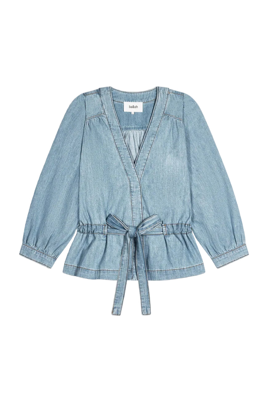 Light blue denim jacket with a tie waist on a white background