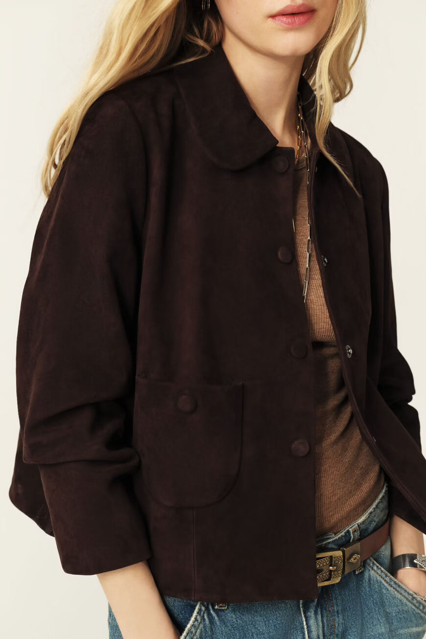 Brown coat worn by a person on a plain background