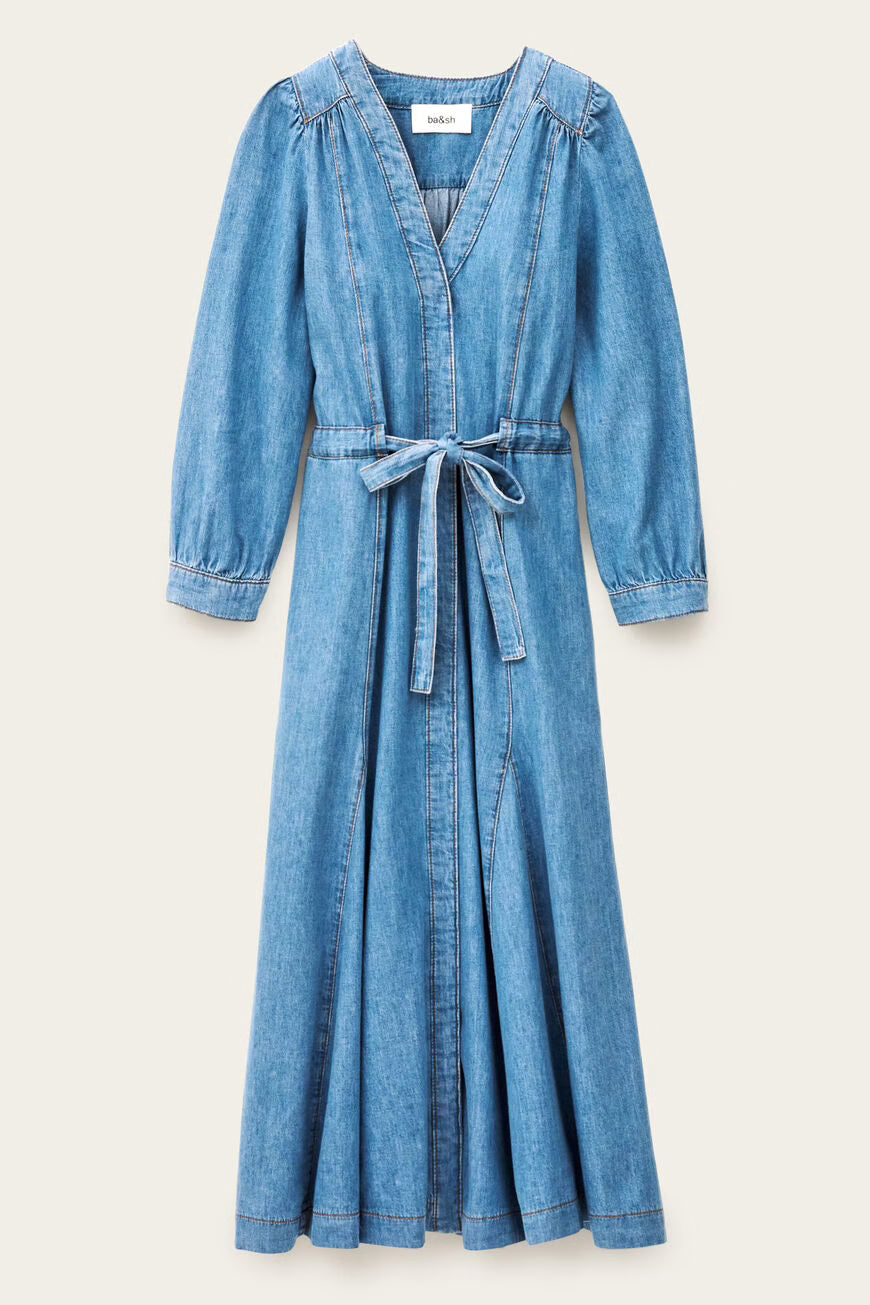 Blue denim dress with a tie waist on a white background