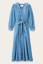 Blue denim dress with a tie waist on a white background