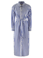 A blue and white striped Max Mara Weekend Falasco dress with a belted waist and long sleeves with button-up front.