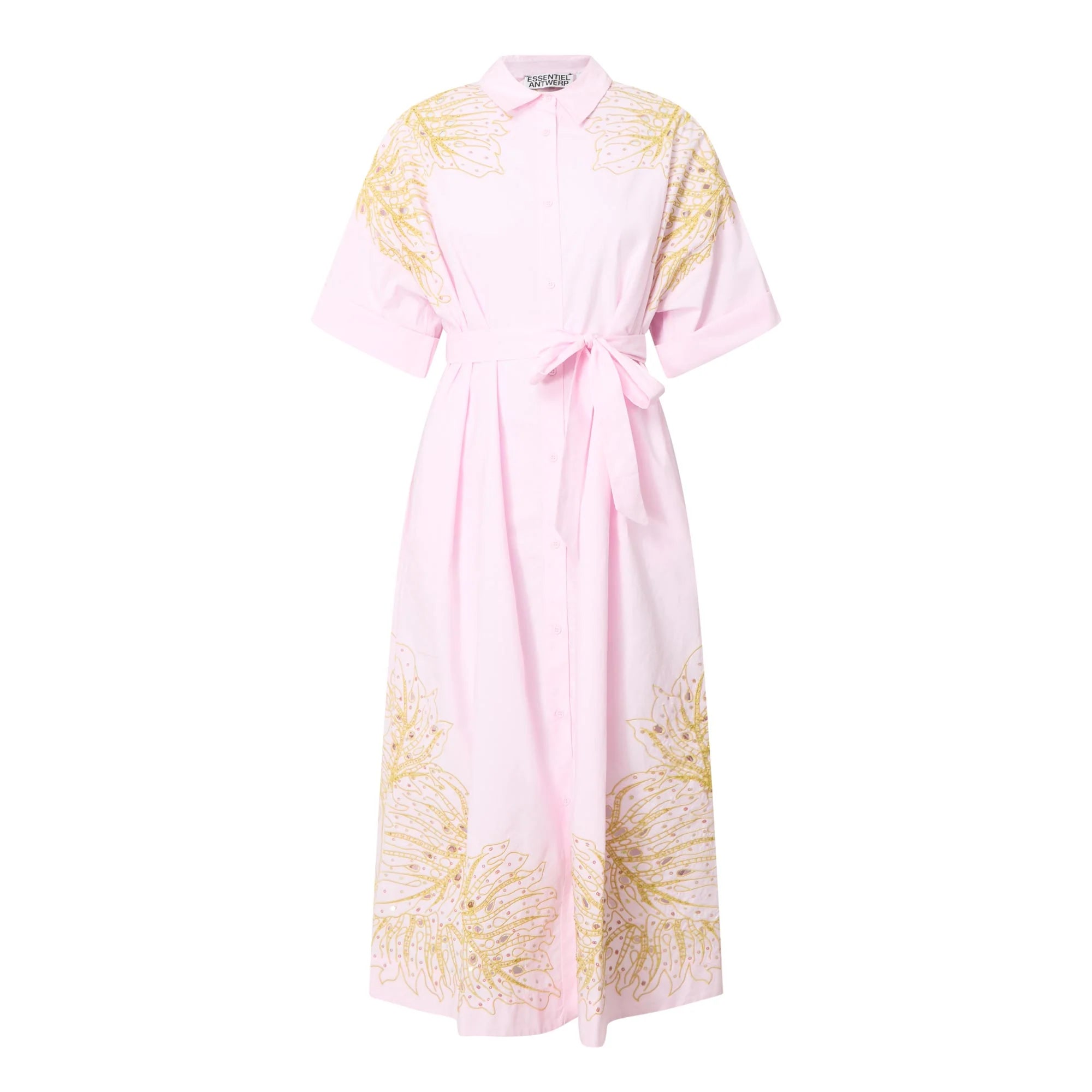 Pink dress with gold floral patterns on a white background