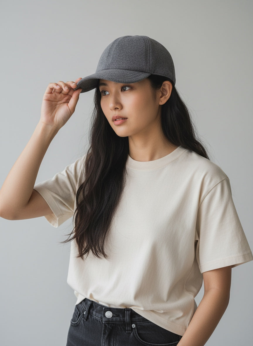 Woman wearing a gray cap and beige t-shirt against a plain background