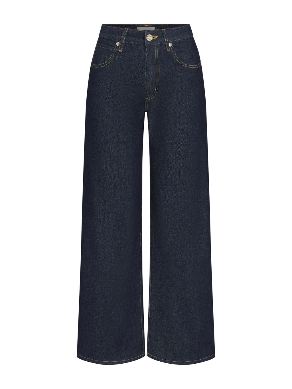 Dark indigo wide-leg denim jeans shown flat against a light gray background.