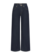Dark indigo wide-leg denim jeans shown flat against a light gray background.