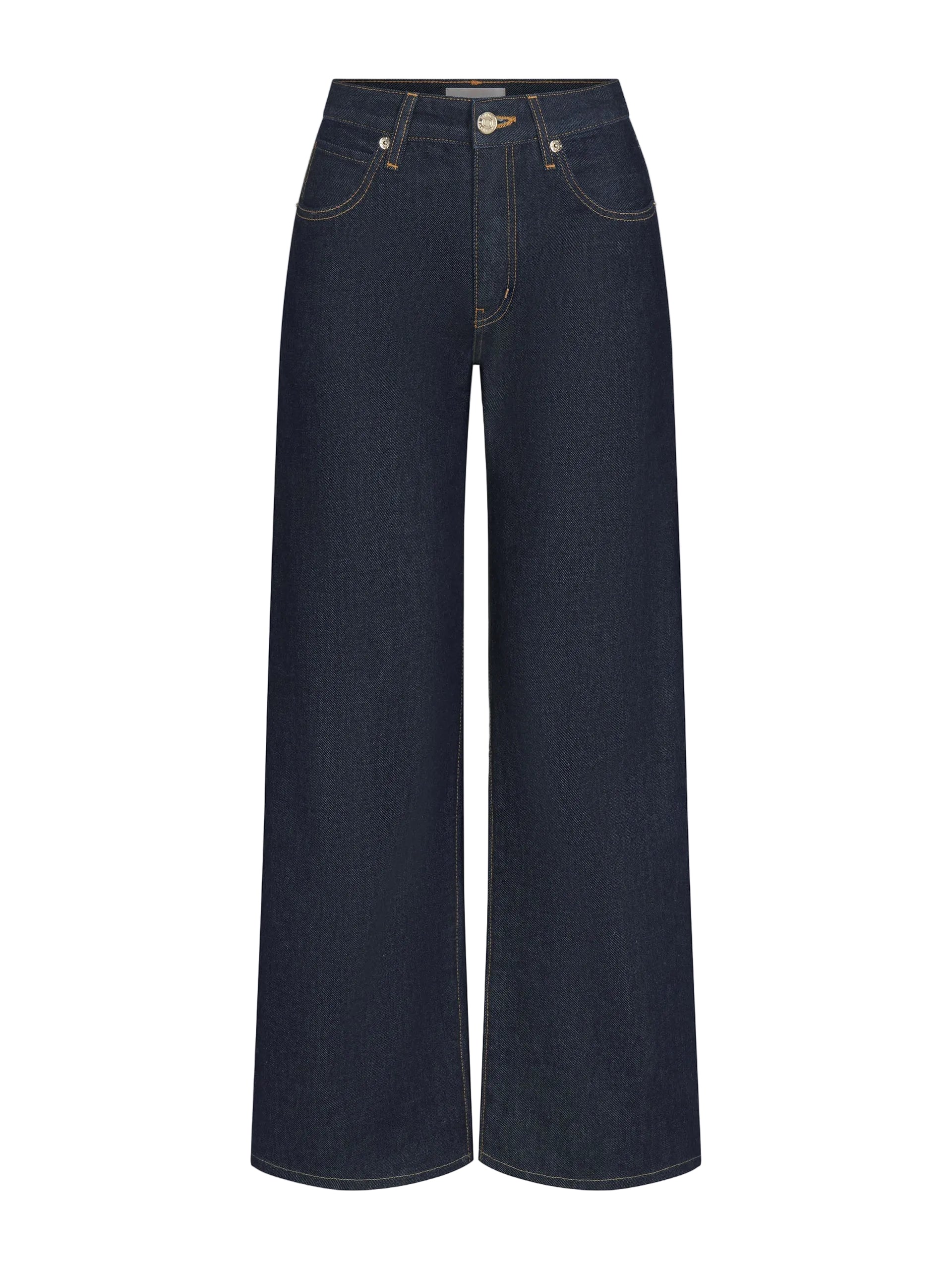 Dark indigo wide-leg denim jeans shown flat against a light gray background.