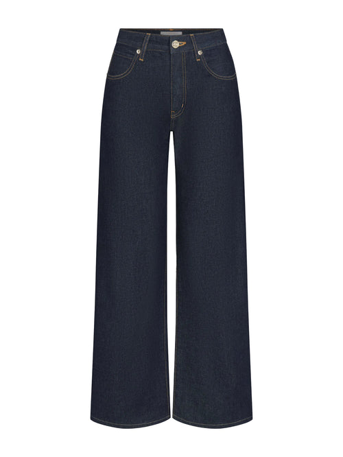 Dark indigo wide-leg denim jeans shown flat against a light gray background.